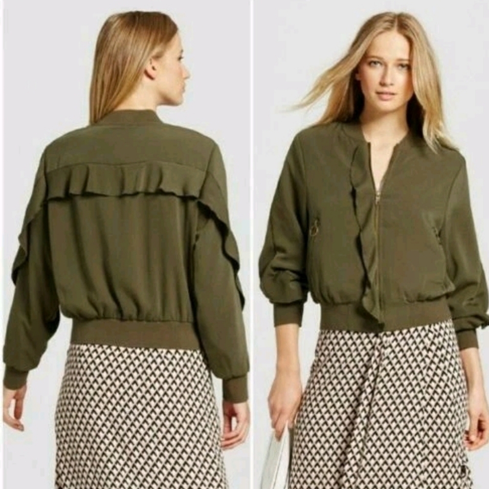 WHO WHAT WEAR Olive Bomber Jacket With Ruffles Bronze Zippered Pockets Sz LARGE